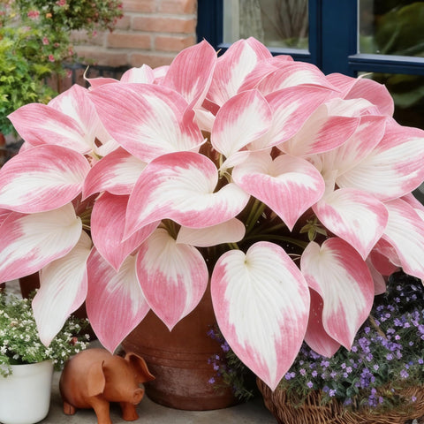 Mixrug Hosta used as groundcover in a lush shaded border.