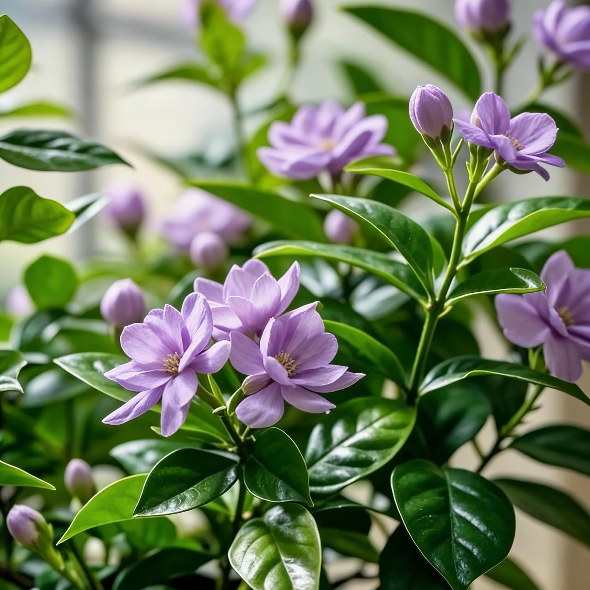 Mixrug jasmine foliage in sunlit garden attracting pollinators.