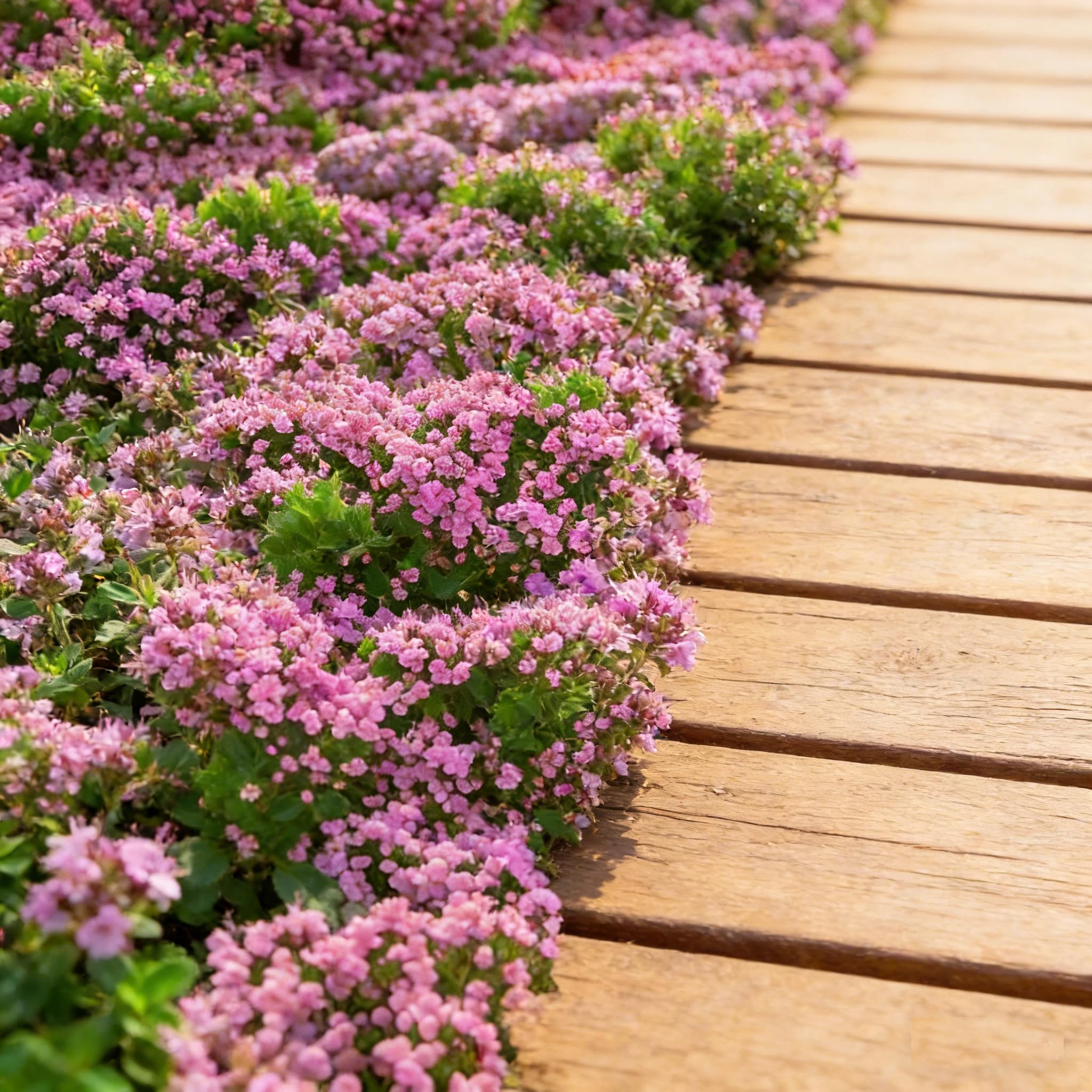 Mixrug drought-tolerant thyme thriving in established dry landscape
