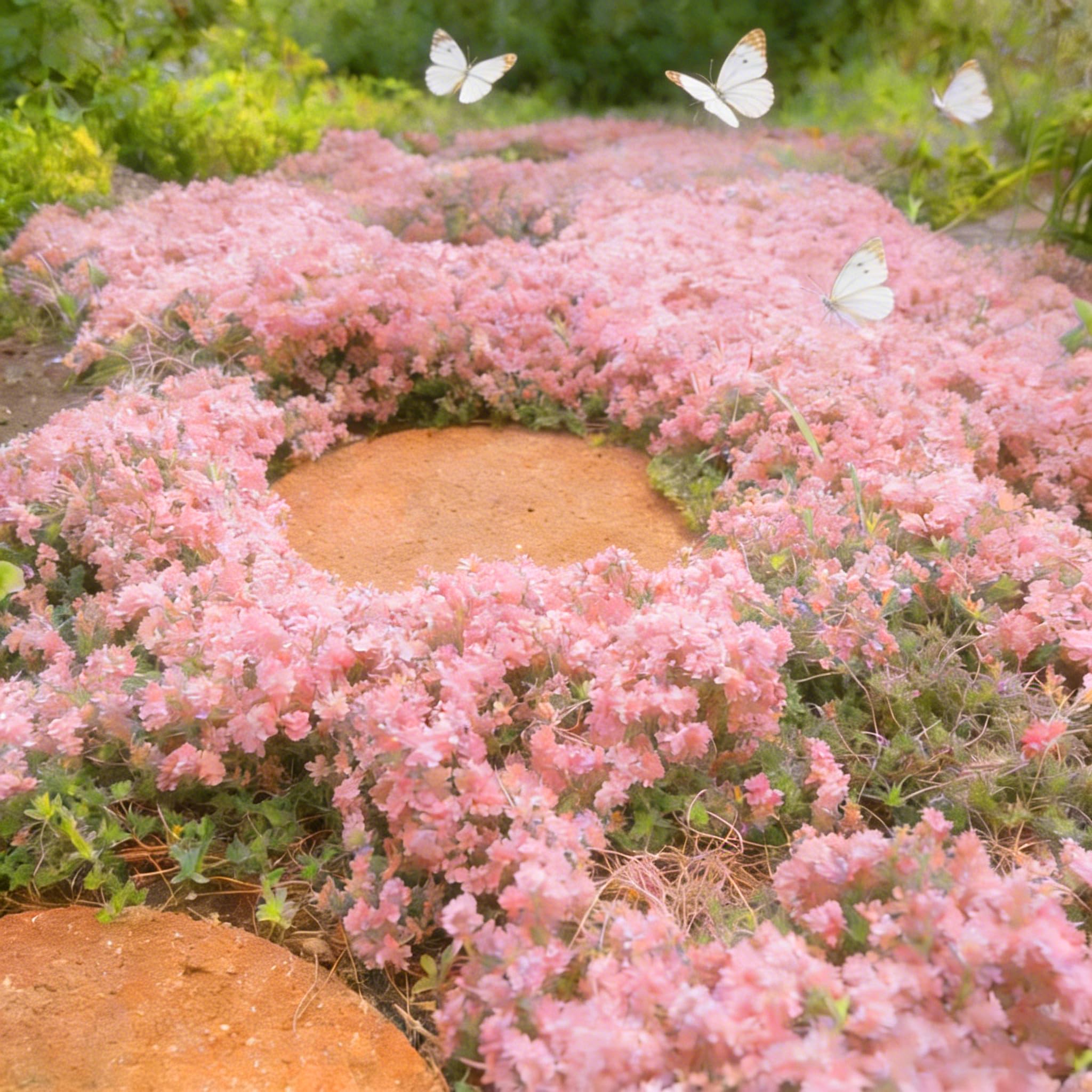 Mixrug pink creeping thyme ground cover mats across garden bed