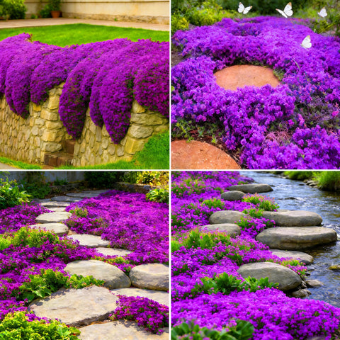 Mixrug purple creeping thyme seeds for dense ground cover with fragrant blooms.