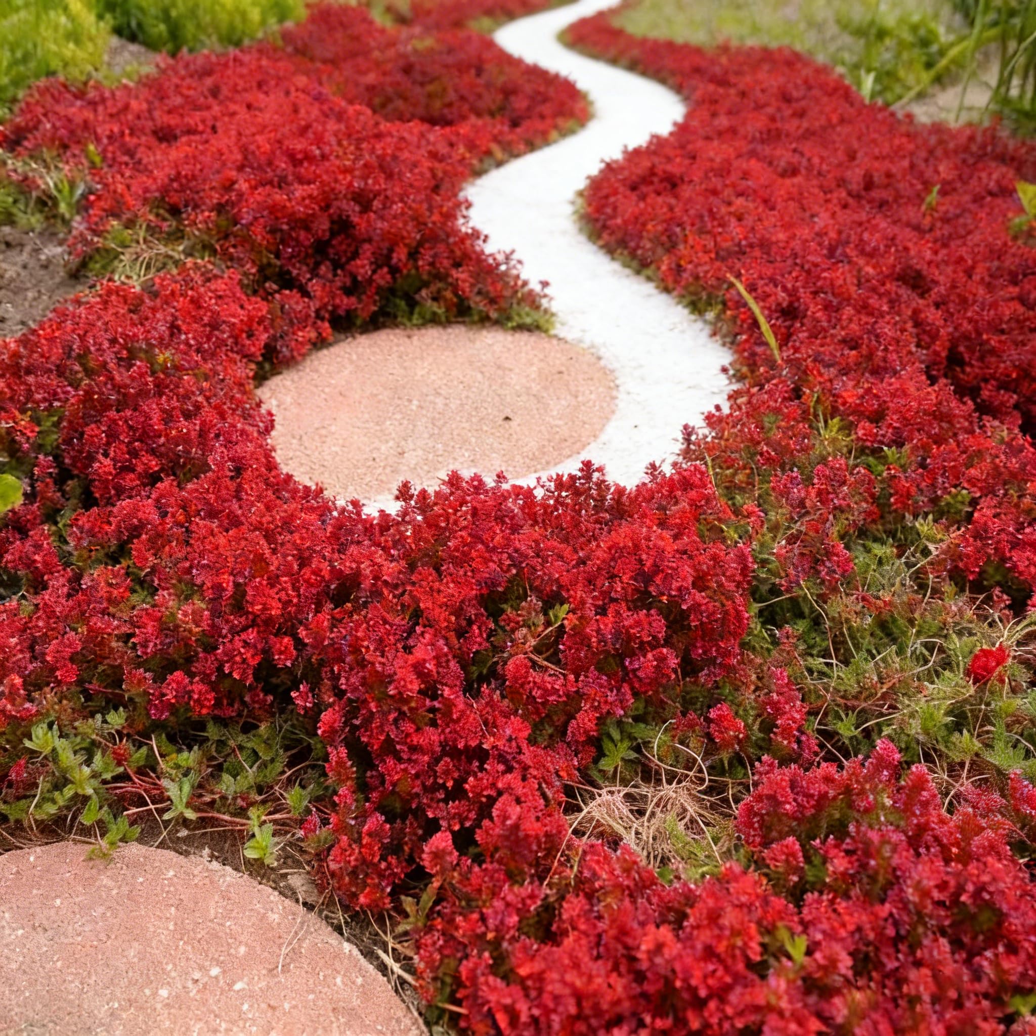Mixrug Red Creeping Thyme forms a mat in the garden for low maintenance landscaping.
