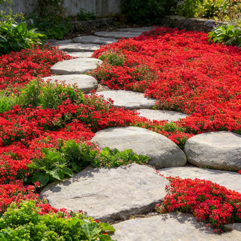 Mixrug Red Creeping Thyme purple blooms brighten a sunny border.
