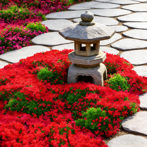 Mixrug Red Creeping Thyme edging a path for tidy, low-maintenance borders.