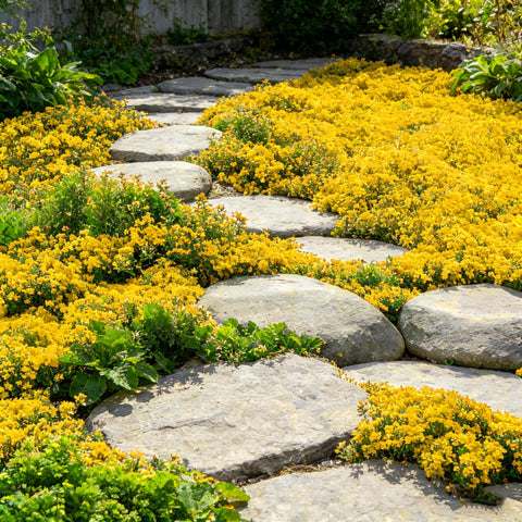 Mixrug yellow creeping-thyme bloom closeup shows delicate purple flowers for pollinator gardens