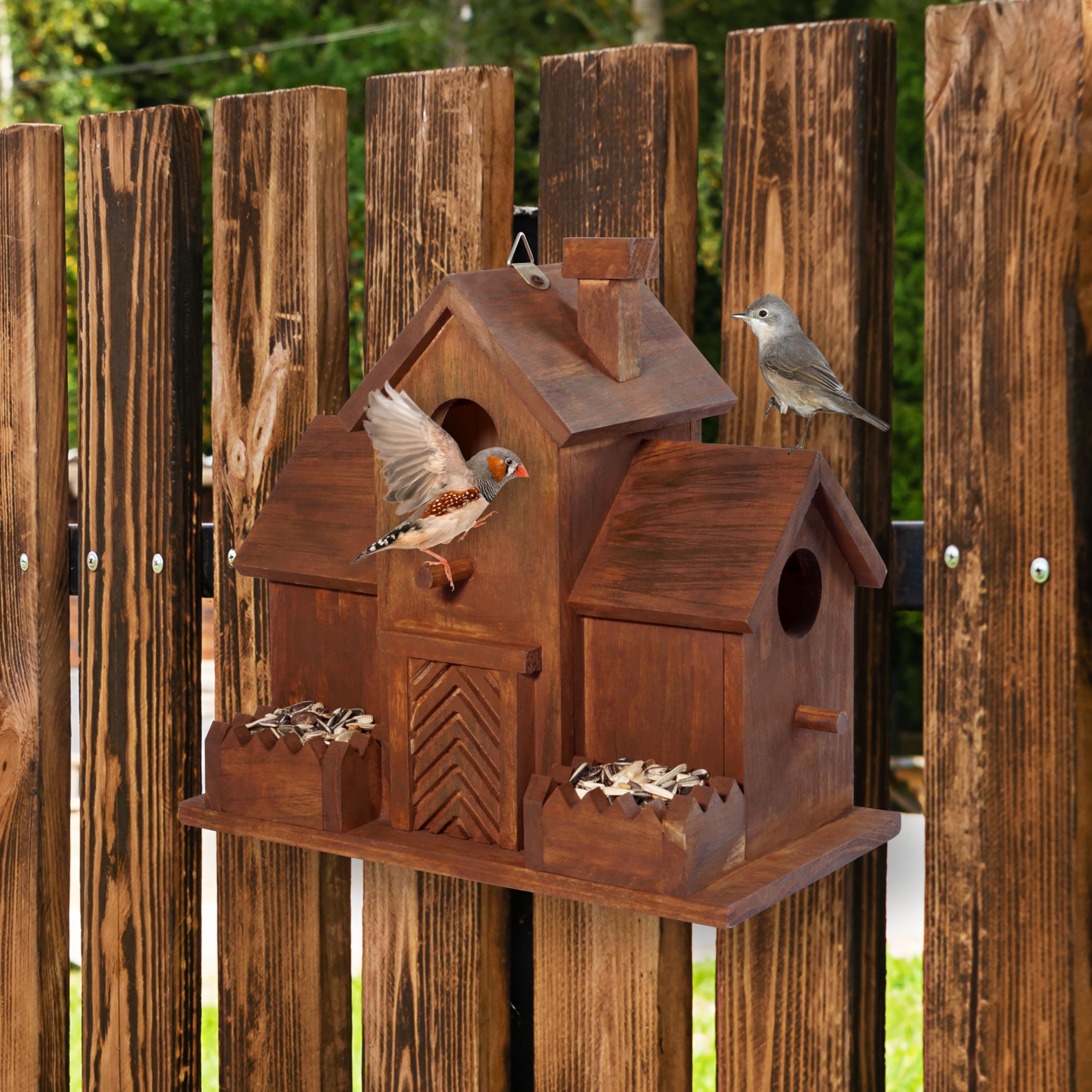 MIXUMON Bird House shown hung on branch for flexible mounting.