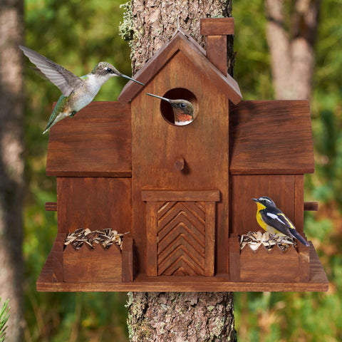 MIXUMON Natural pine wood Bird House for durable outdoor use.