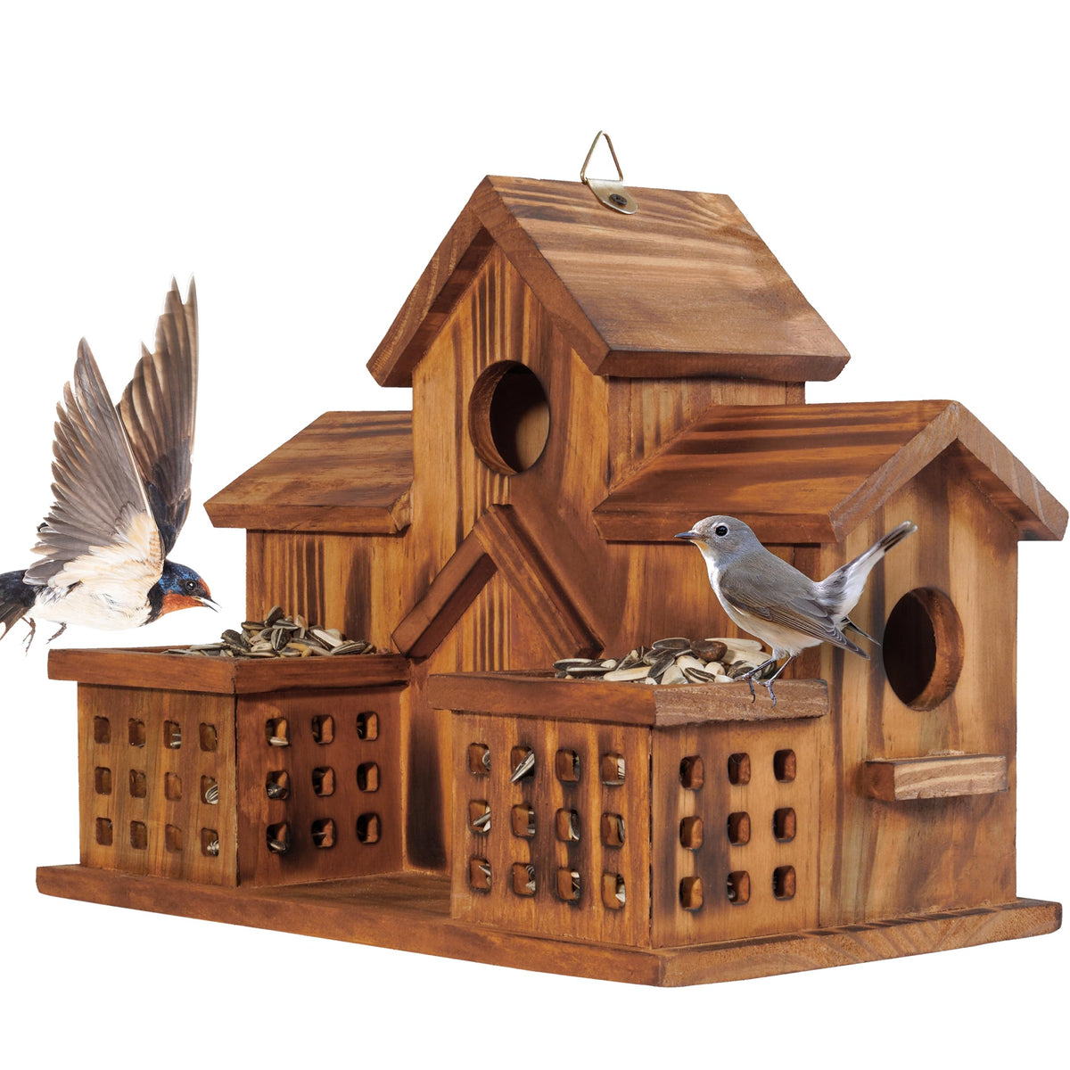 MIXUMON 3-hole bird house exterior view attracts bluebirds safely