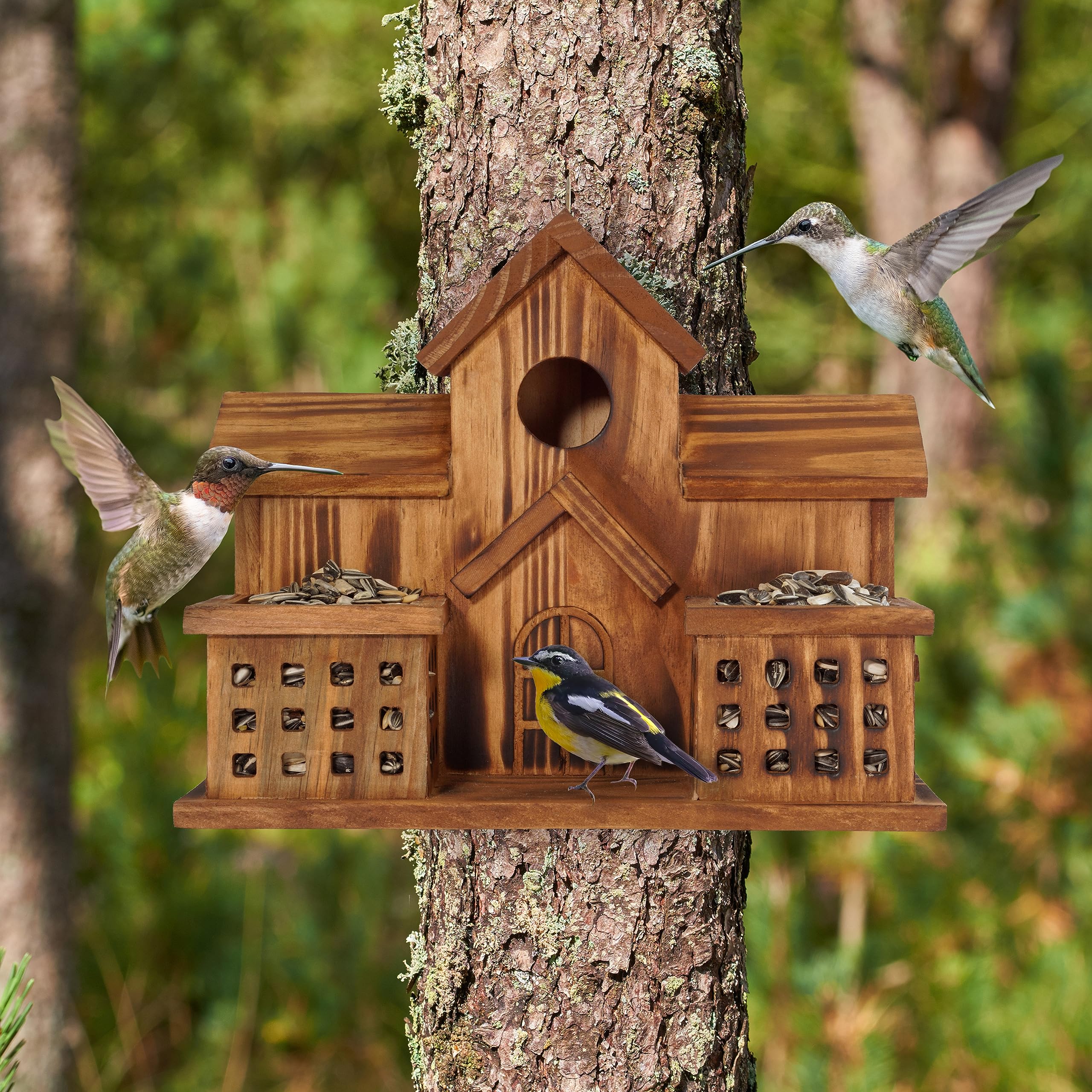 MIXUMON 3-hole bird house side view with durable pine exterior