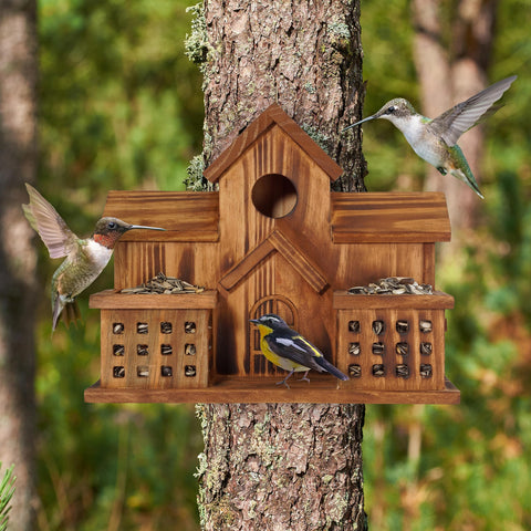 MIXUMON 3-hole bird house side view with durable pine exterior