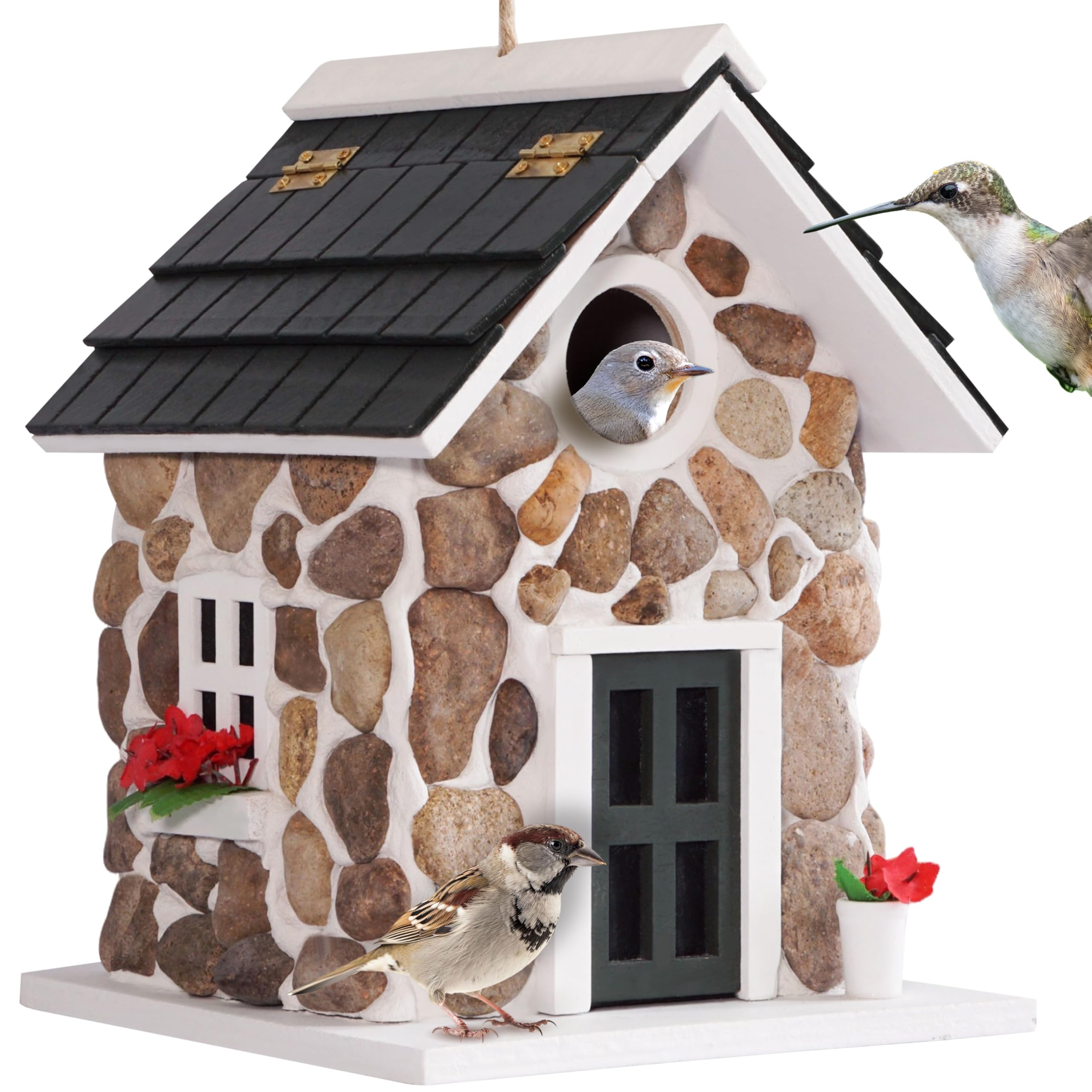 MIXUMON bird house with real stone exterior for durable garden charm
