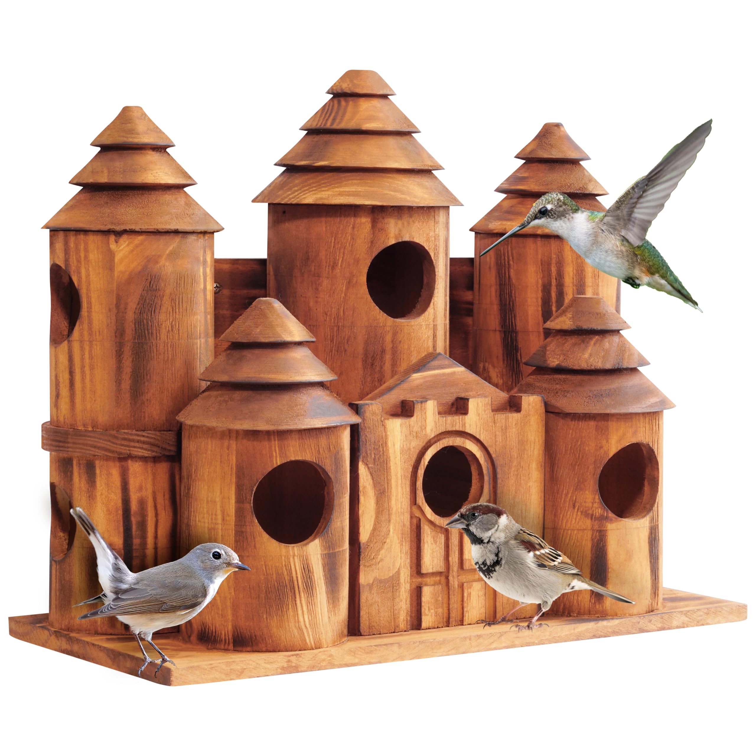 MIXUMON castle-style bird house exterior with eight rooms for inviting multiple small birds.