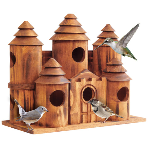 MIXUMON castle-style bird house exterior with eight rooms for inviting multiple small birds.