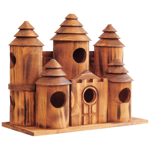 MIXUMON front view of castle bird house with eight compartments.