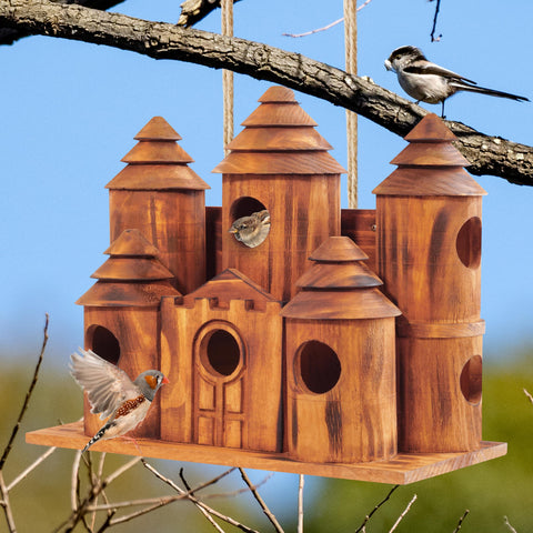 MIXUMON pine carbonized finish outdoor bird house showing rustic wood texture.