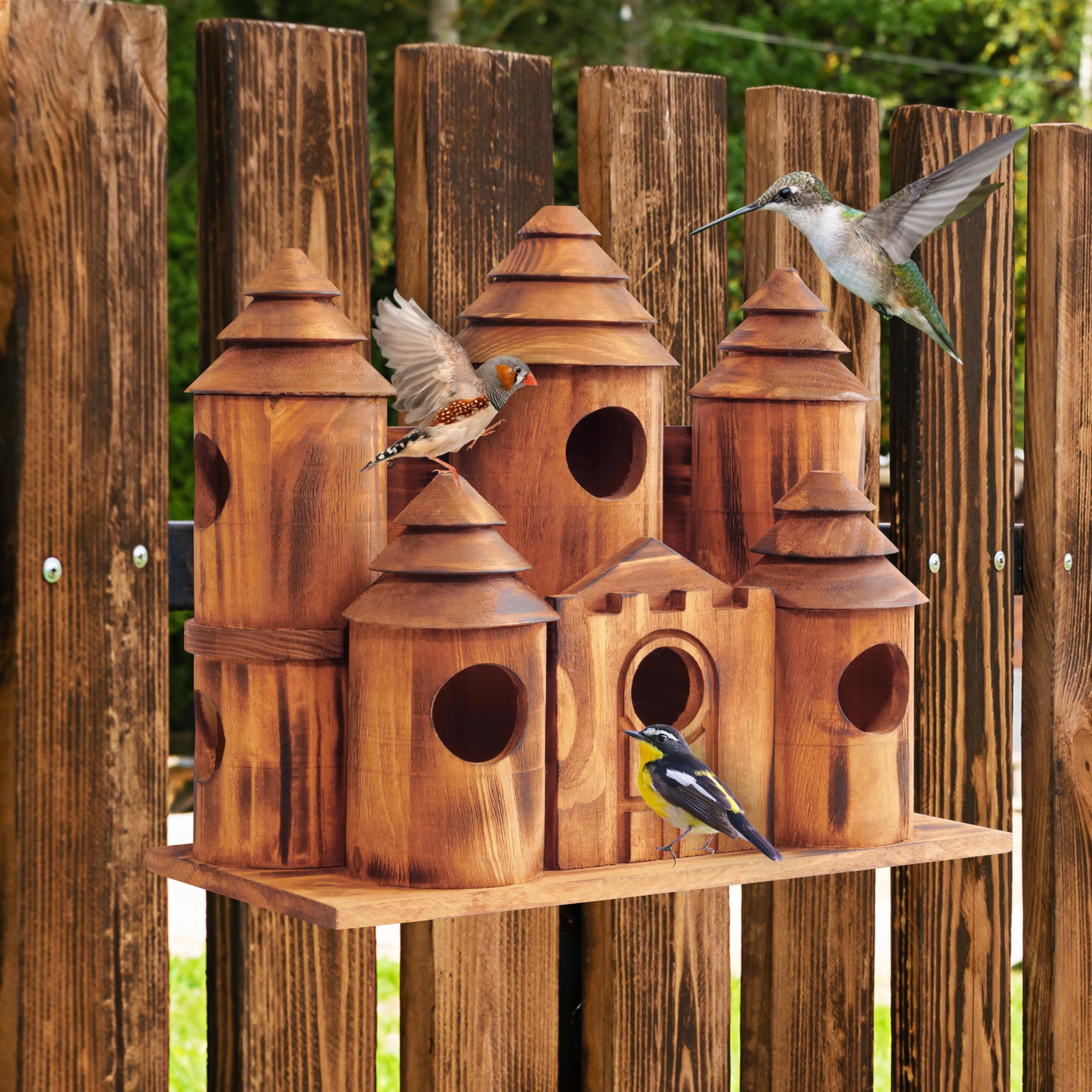 MIXUMON side view of castle-style bird house showing height and towers.