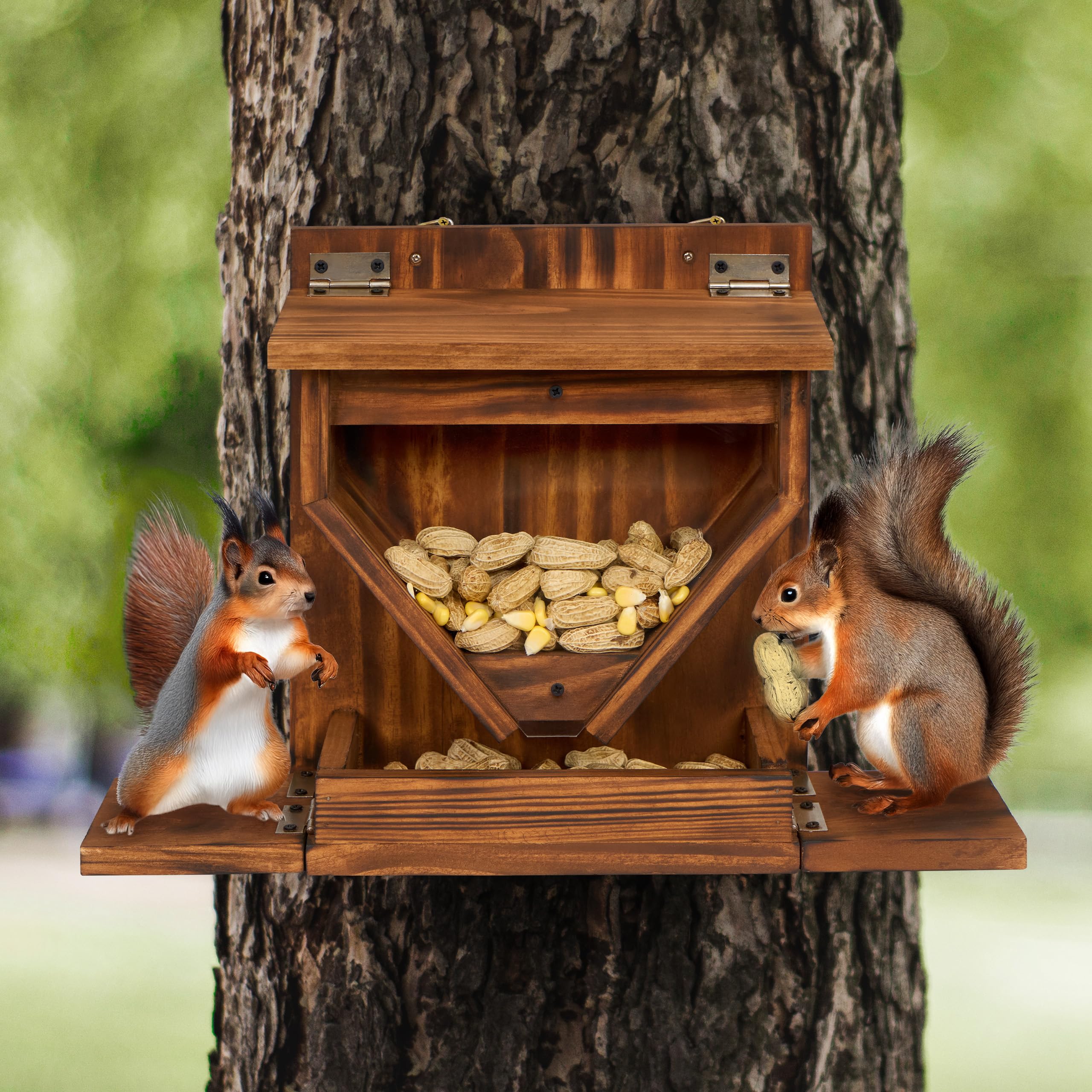 MIXUMON wood squirrel feeder close-up reveals rustic burnt wood finish