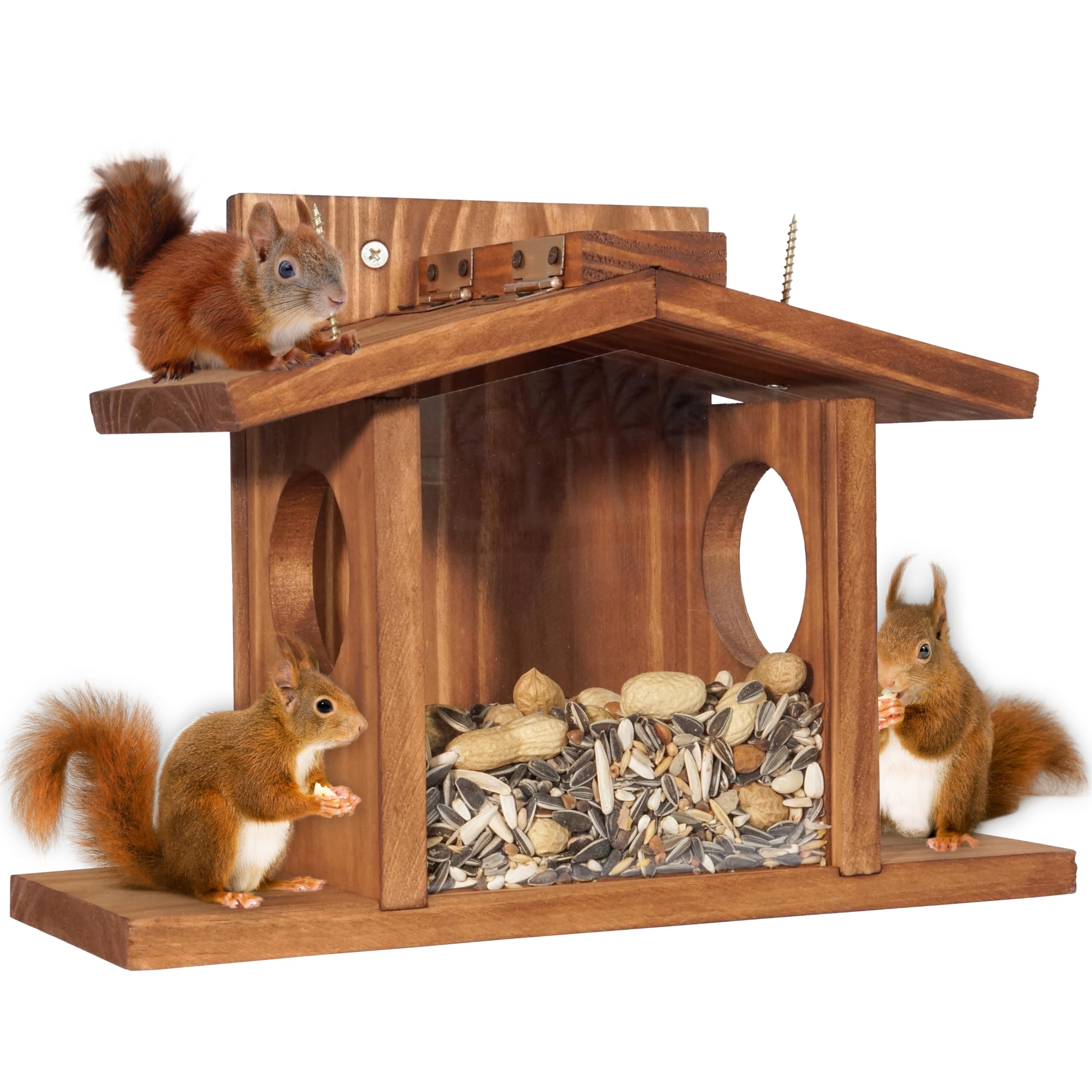 MIXUMON Wood Squirrel Feeder front view with clear acrylic for quick food access.