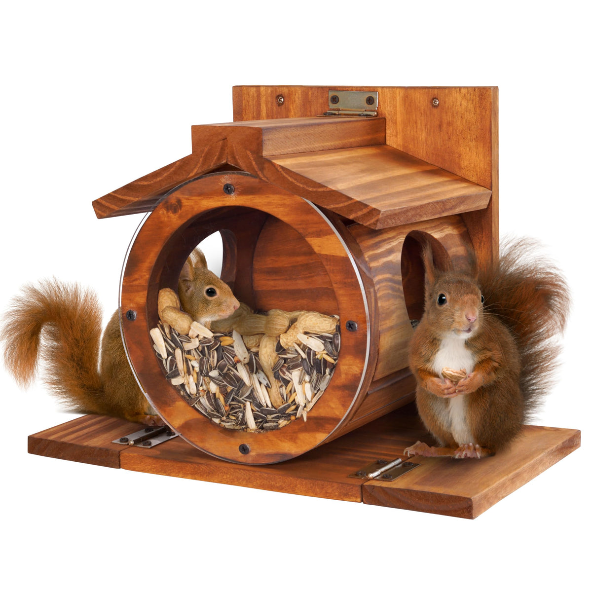 MIXUMON Wood Squirrel Feeder front view with clear seed visibility.