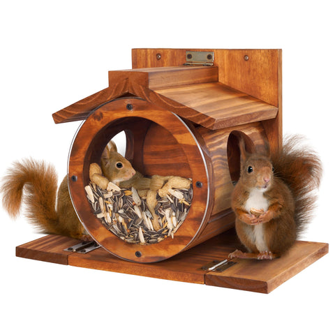 MIXUMON Wood Squirrel Feeder front view with clear seed visibility.