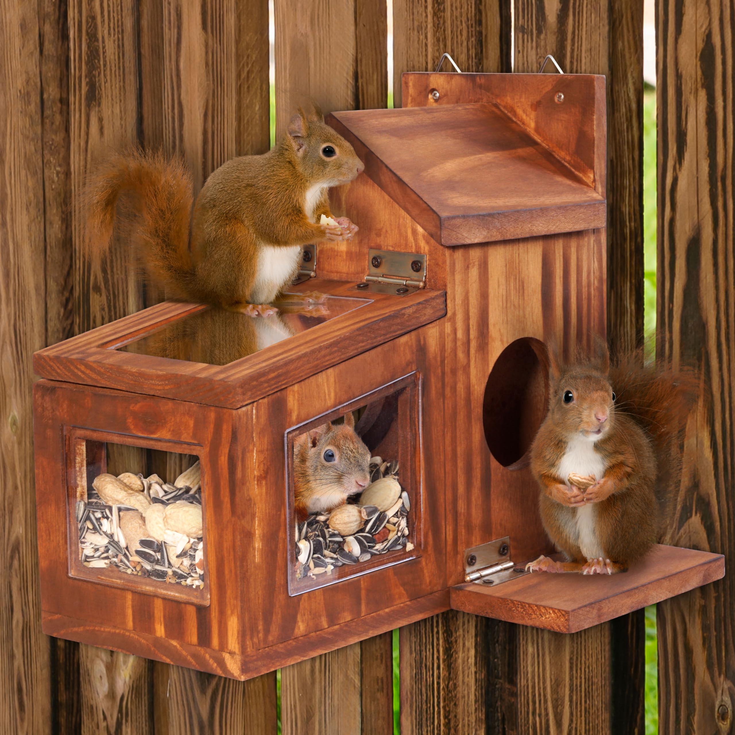 Mixumon Wood Squirrel Feeder removable top panel for quick refills