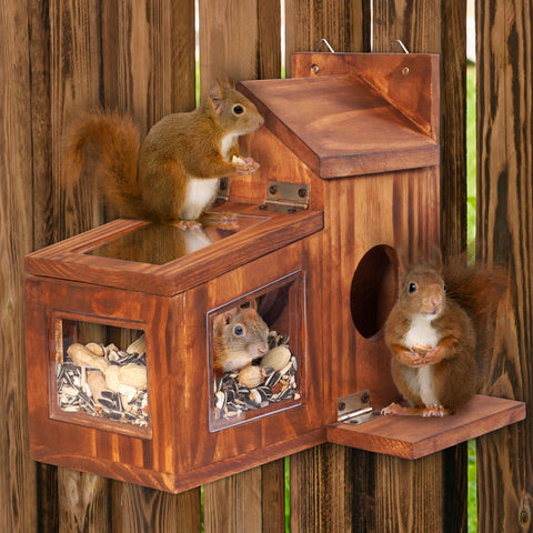 Mixumon Wood Squirrel Feeder removable top panel for quick refills