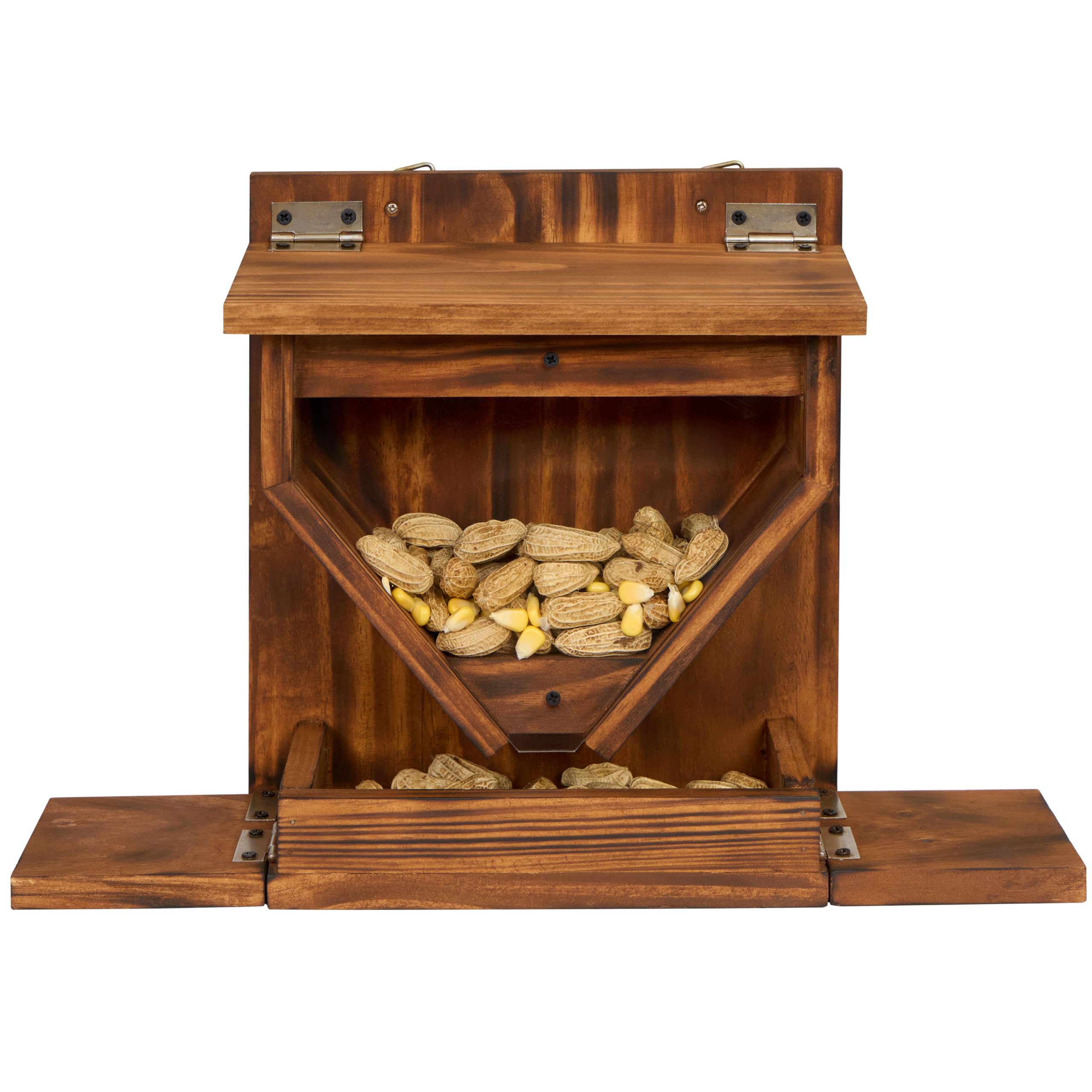 MIXUMON wood squirrel feeder filled with corn and peanuts