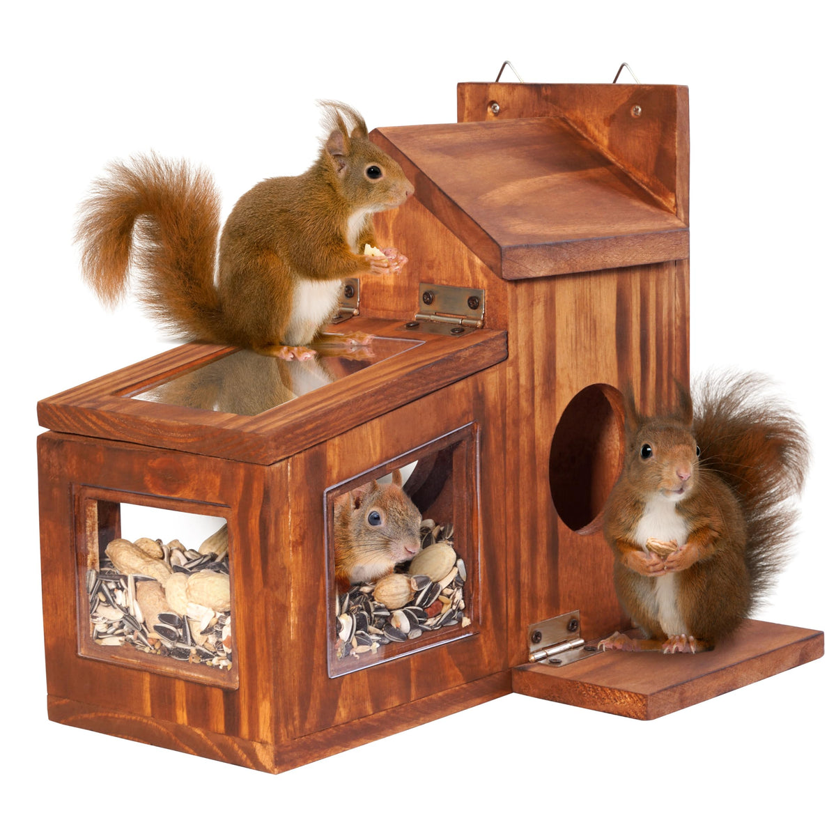 Mixumon Wood Squirrel Feeder seed tray view showing ample space for seeds outdoors