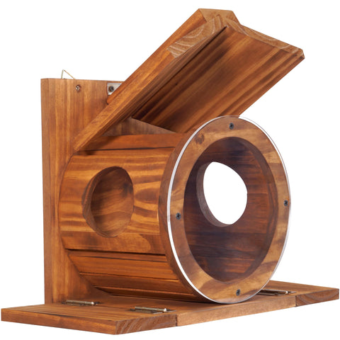 MIXUMON Wood Squirrel Feeder seed tray close-up with large capacity.