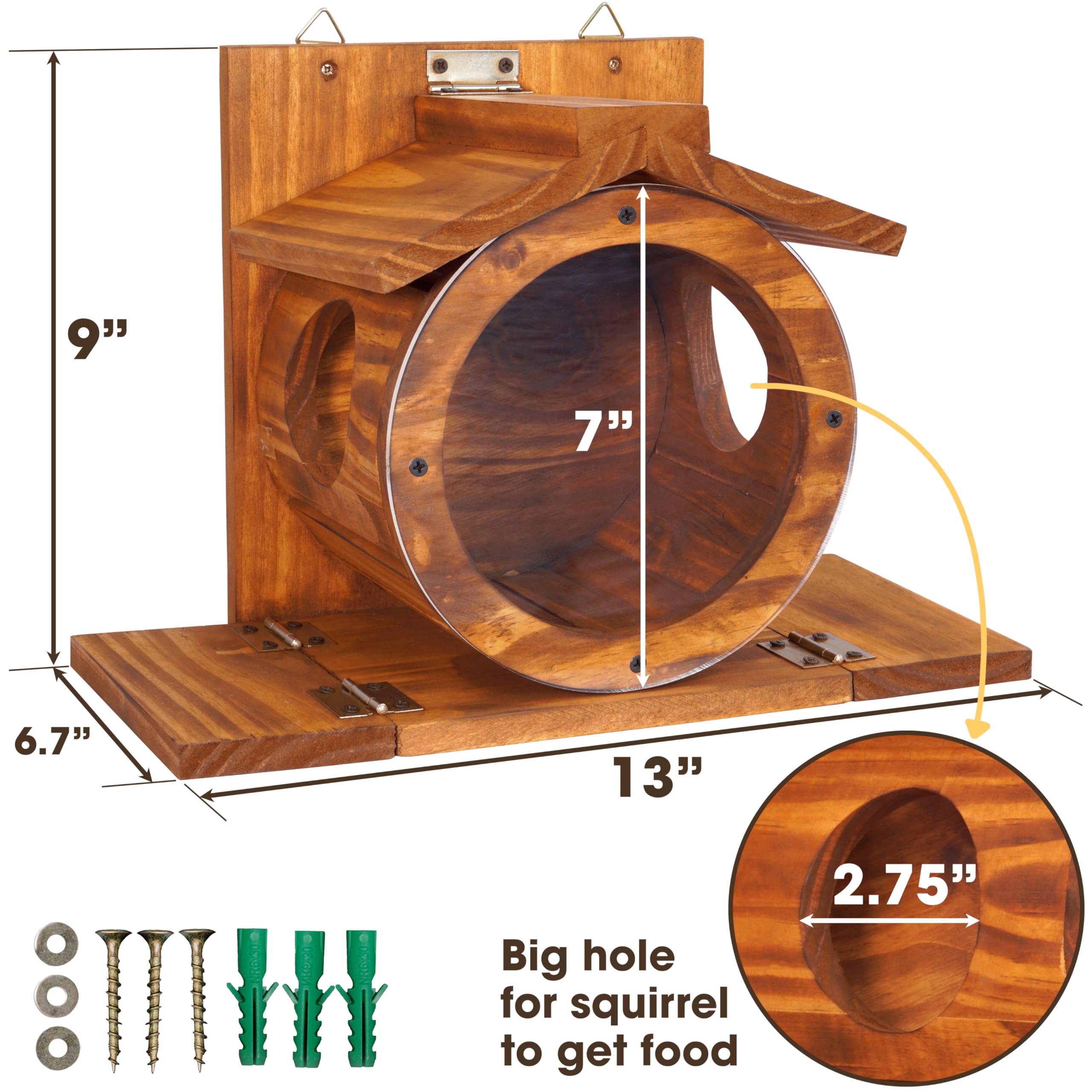 MIXUMON Wood Squirrel Feeder side view highlighting dual entry holes.