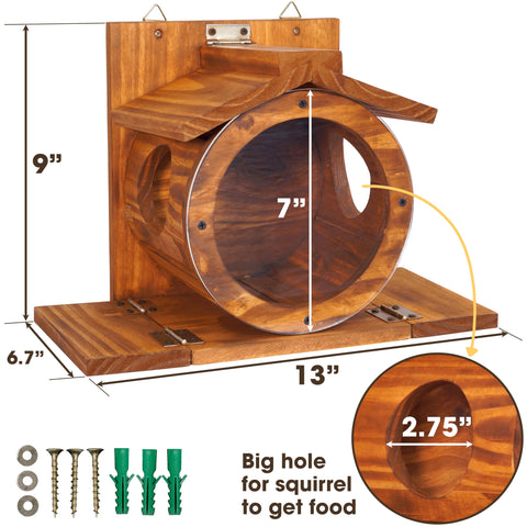 MIXUMON Wood Squirrel Feeder side view highlighting dual entry holes.