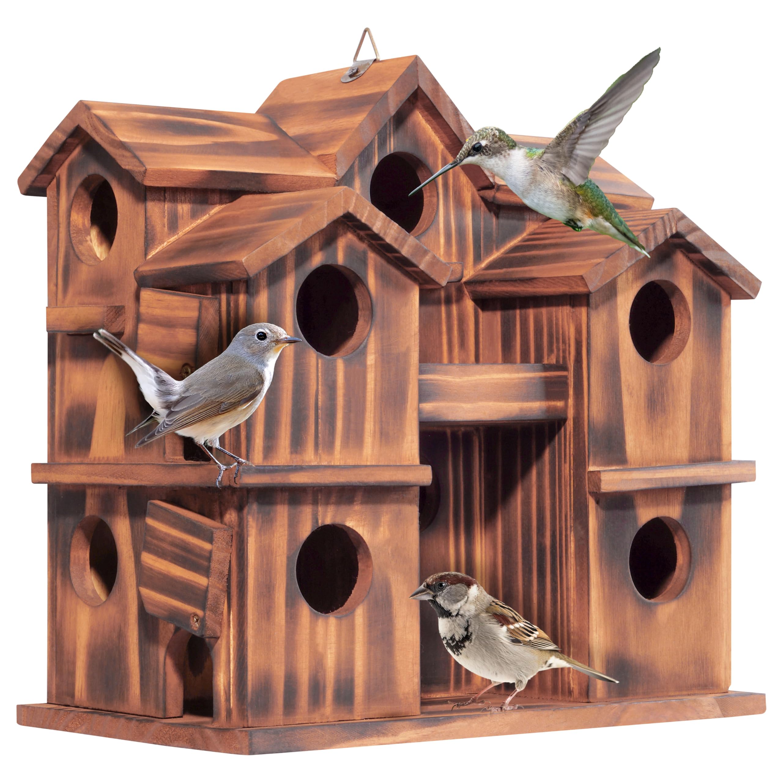 MIXUMON wooden bird house outdoors showing the 10-room layout for diverse nesting.
