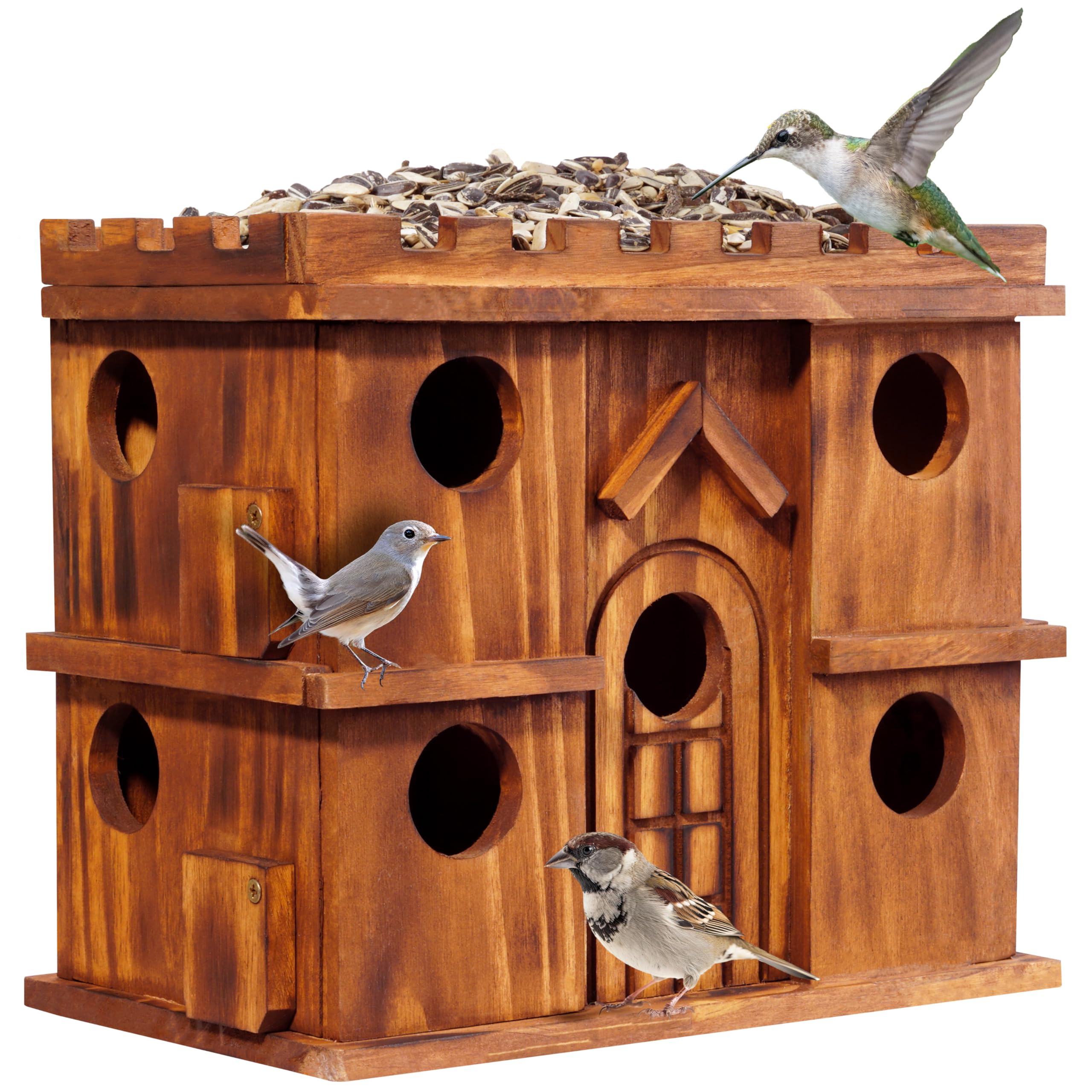 MIXUMON wooden bird houses outside with 9-room design for safe, spacious nesting.