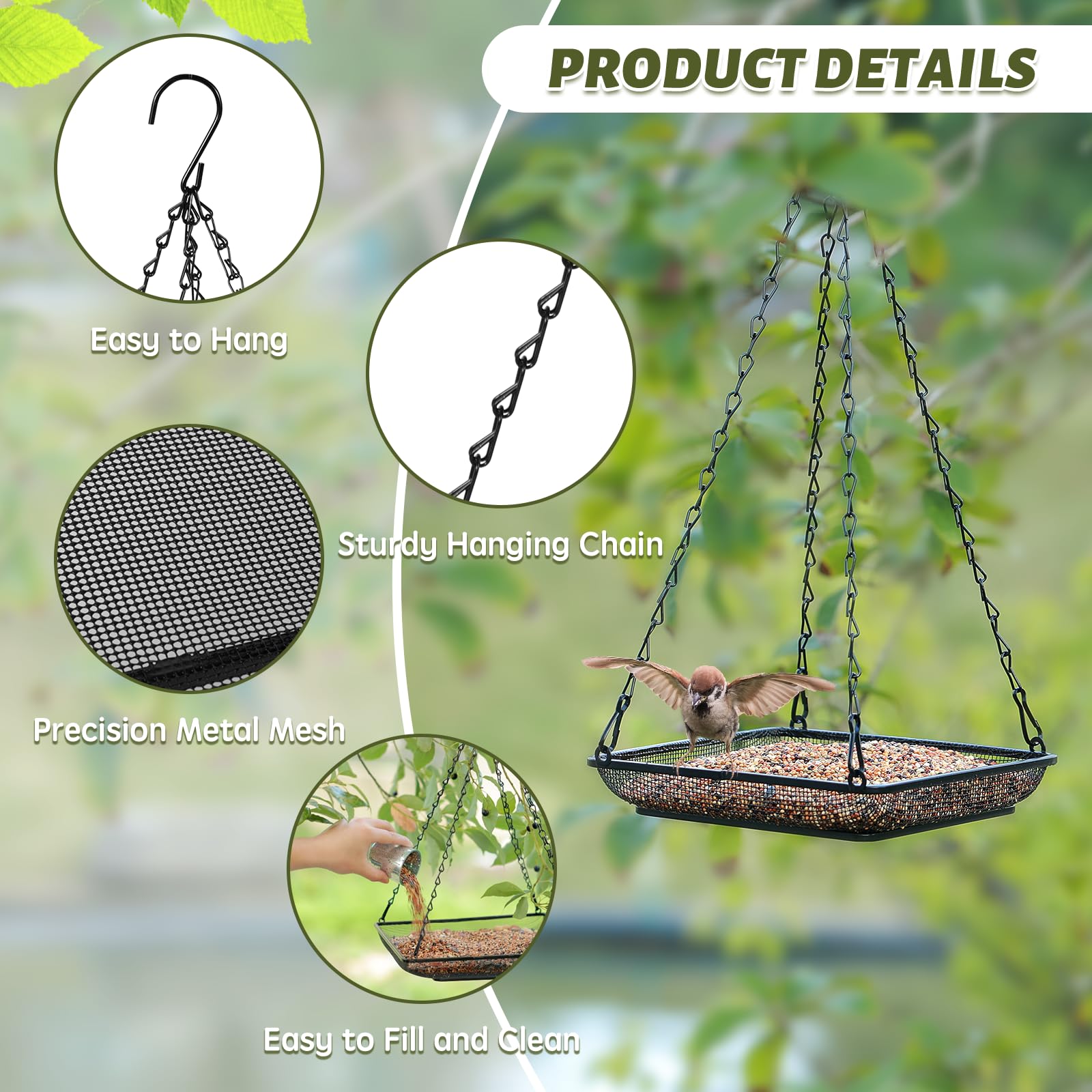 Four sturdy hanging chains on the MIXXIDEA feeder ready for outdoor use