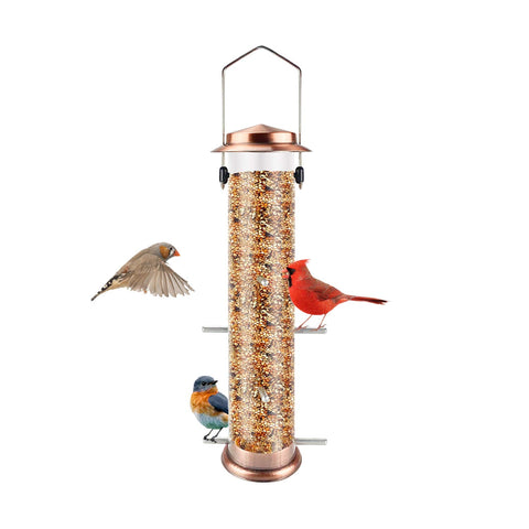 MIXXIDEA Finch feeder with lid open for quick garden refills.