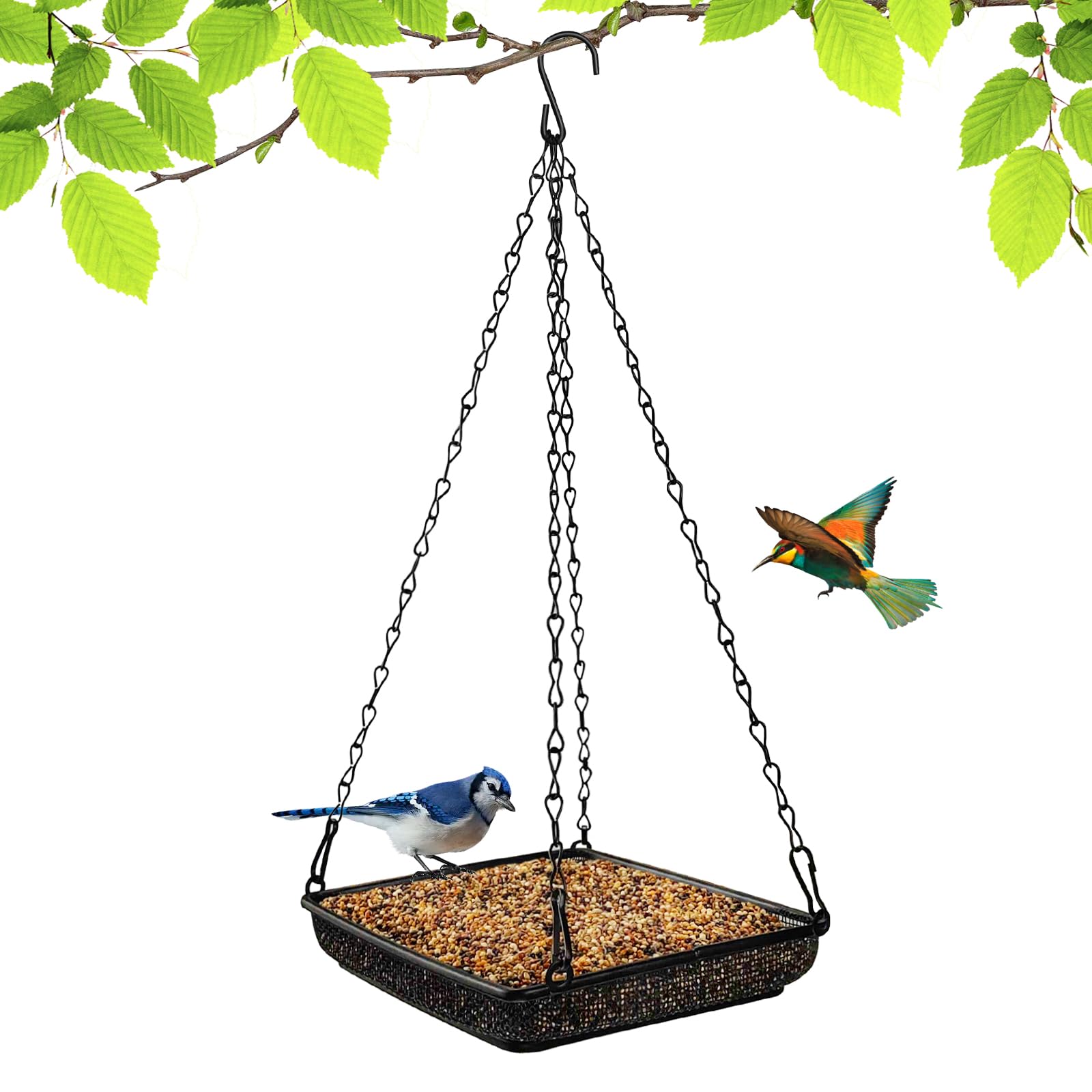 MIXXIDEA Hanging Bird Feeder Tray set up in a sunny outdoor garden, inviting natural bird activity