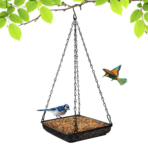 MIXXIDEA Hanging Bird Feeder Tray set up in a sunny outdoor garden, inviting natural bird activity