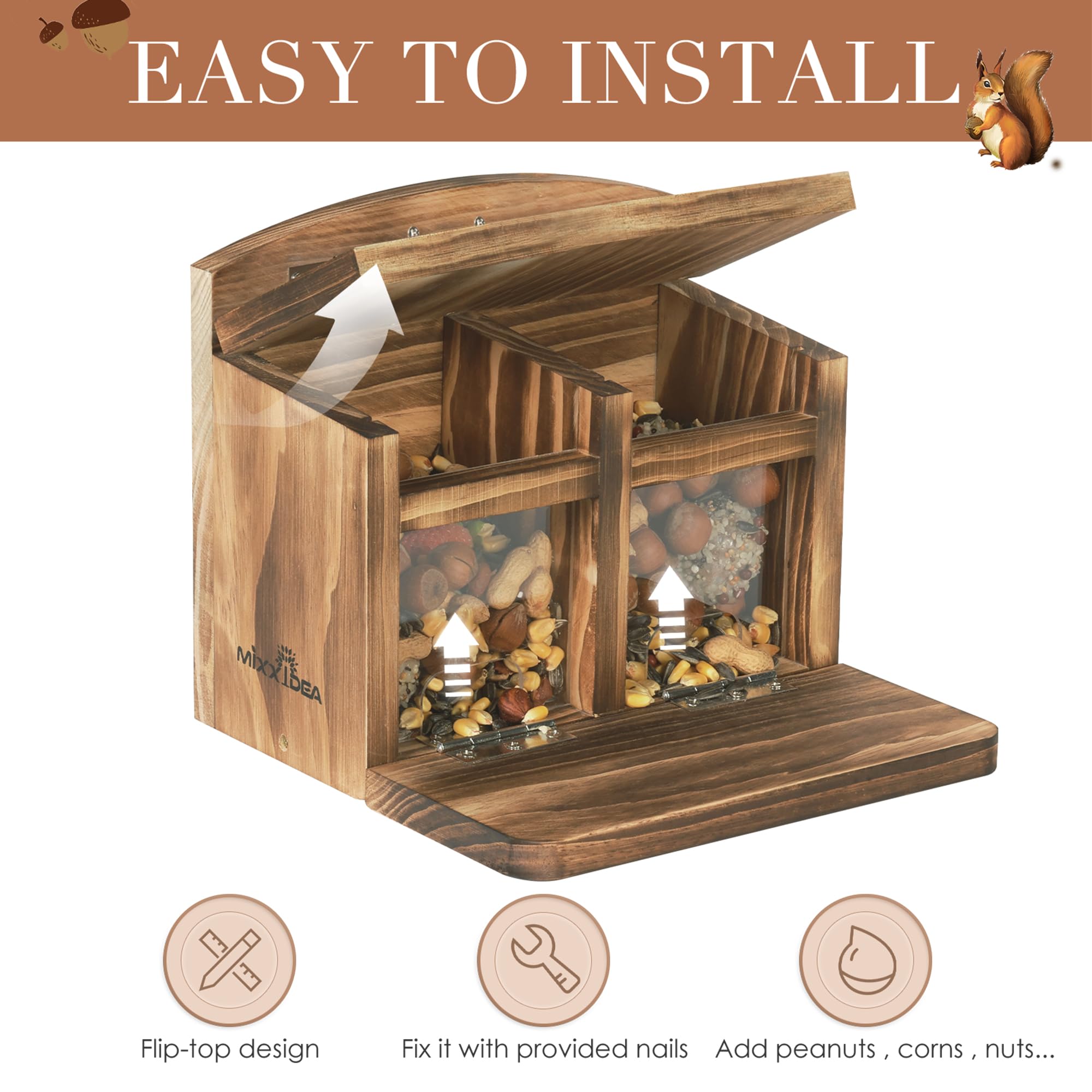 MIXXIDEA large food capacity lets squirrels enjoy peanuts, nuts, or chestnuts.