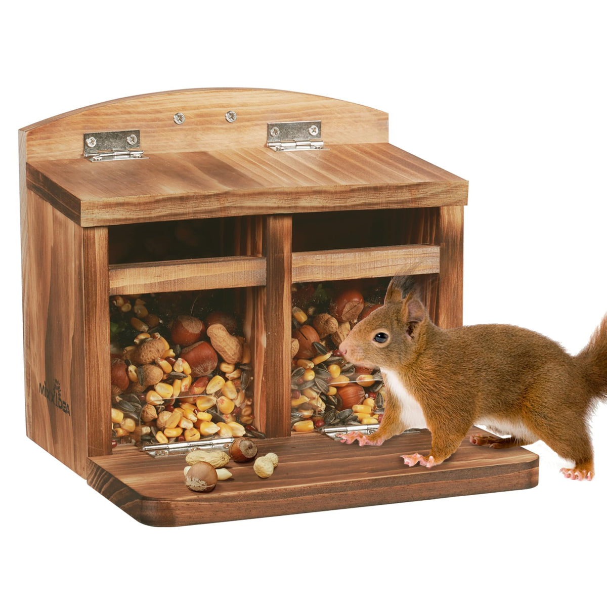 MIXXIDEA Large Squirrel Feeder House with rain shield keeps feed dry outdoors.
