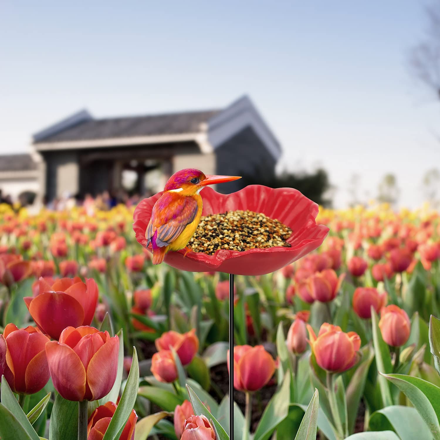 MIXXIDEA Redflower easy-assembly bird bath simplifies outdoor visits
