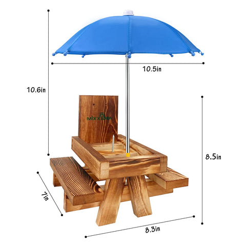 MIXXIDEA cedar table-side view of the squirrel feeder’s rustic panels.
