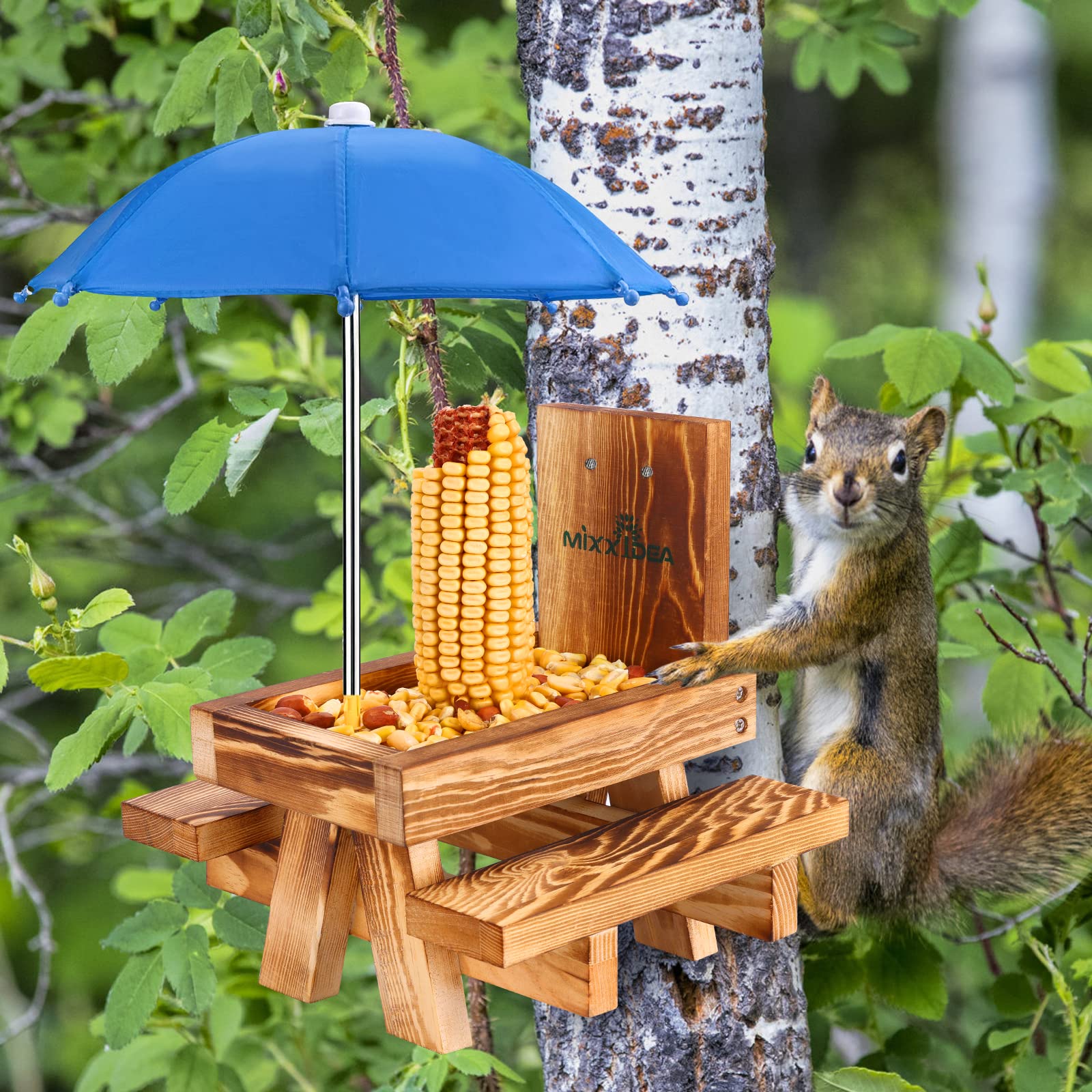MIXXIDEA corn cob holder keeps feed steady for two visiting squirrels.