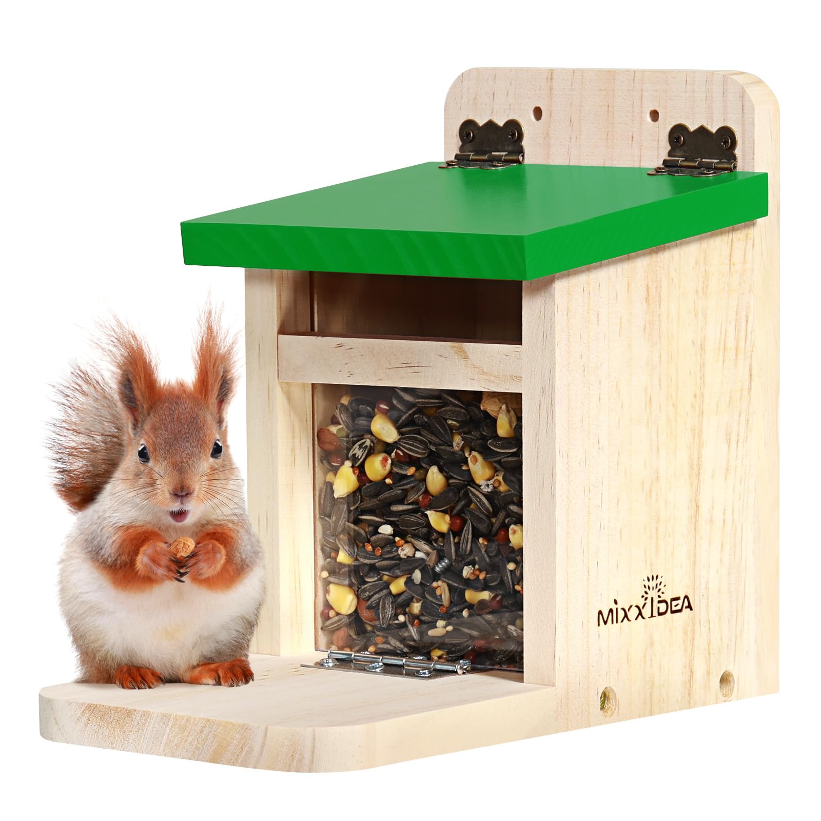 MIXXIDEA squirrel feeder with green cover on outdoor tree keeps feed dry and accessible.
