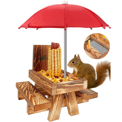 MIXXIDEA Squirrel Feeder Picnic Table with umbrella for sunny outdoor dining