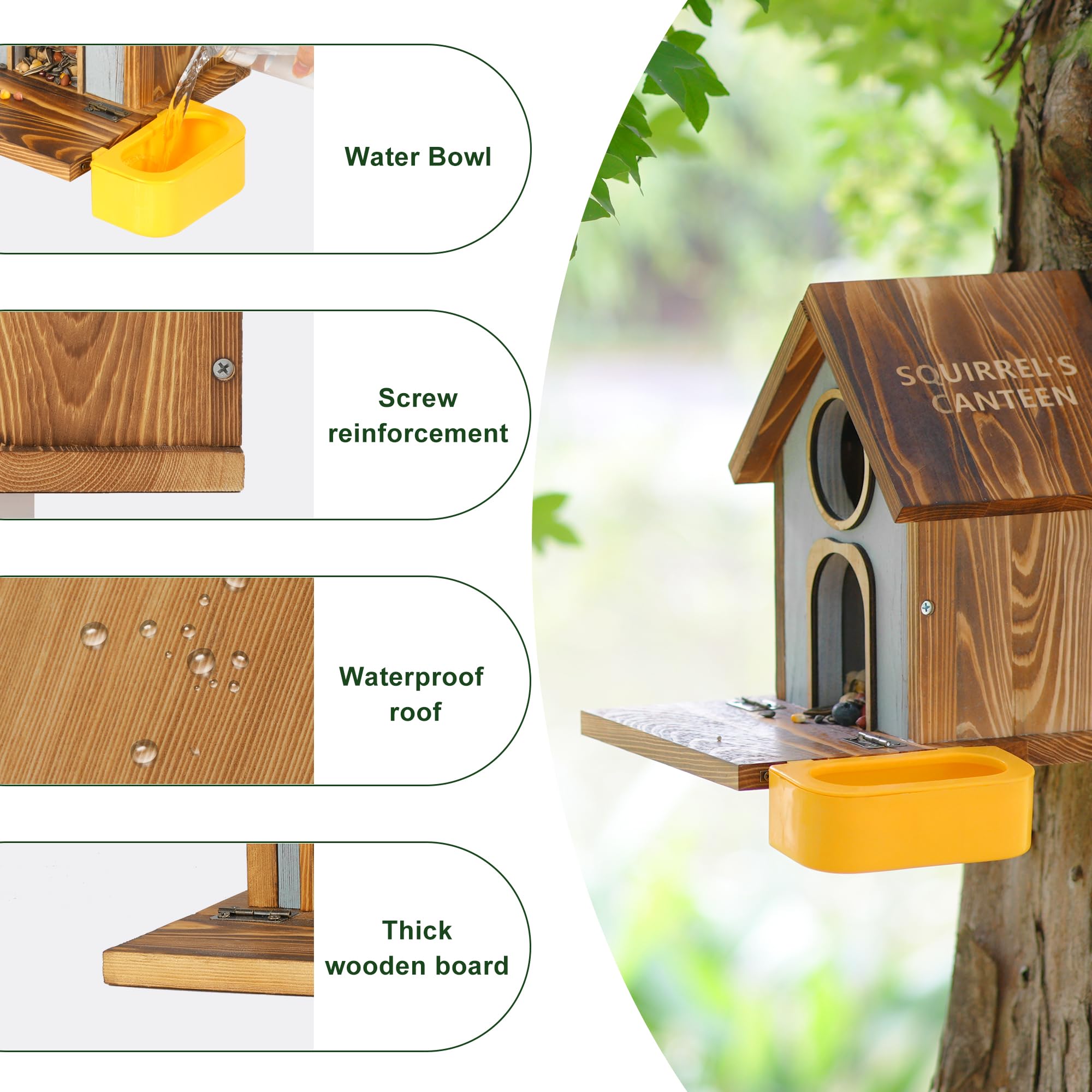 MIXXIDEA outdoor feeder with two openings supports small and large foods for squirrels.