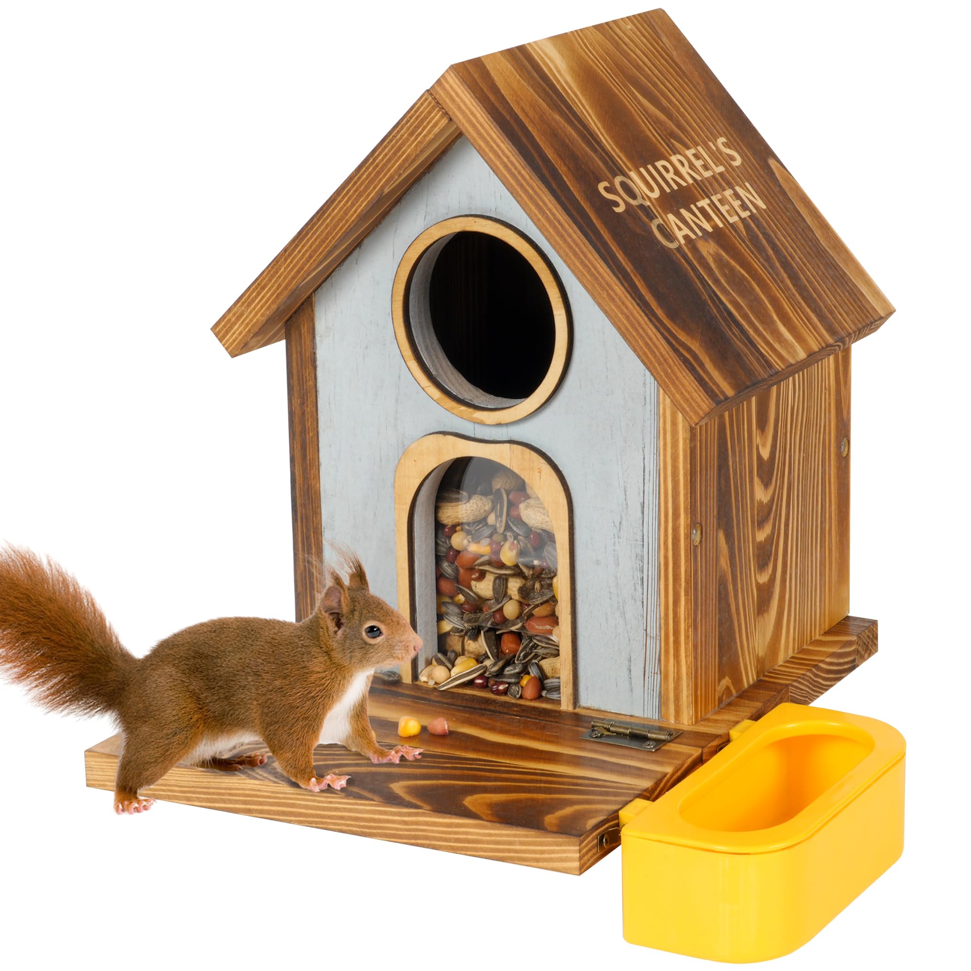 MIXXIDEA wooden squirrel feeder XL capacity ready for nuts, chestnuts, and corn.