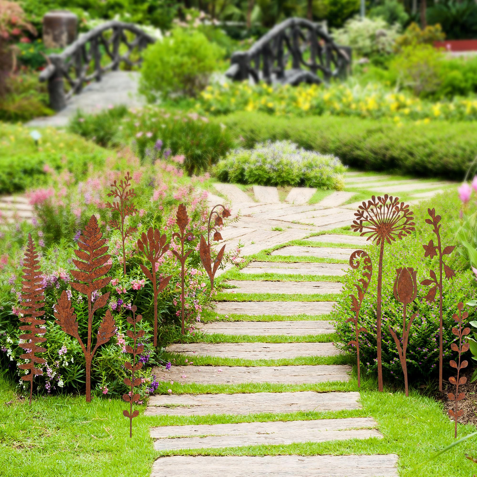Mizelu rusty flower stakes suit pots or beds as focal points