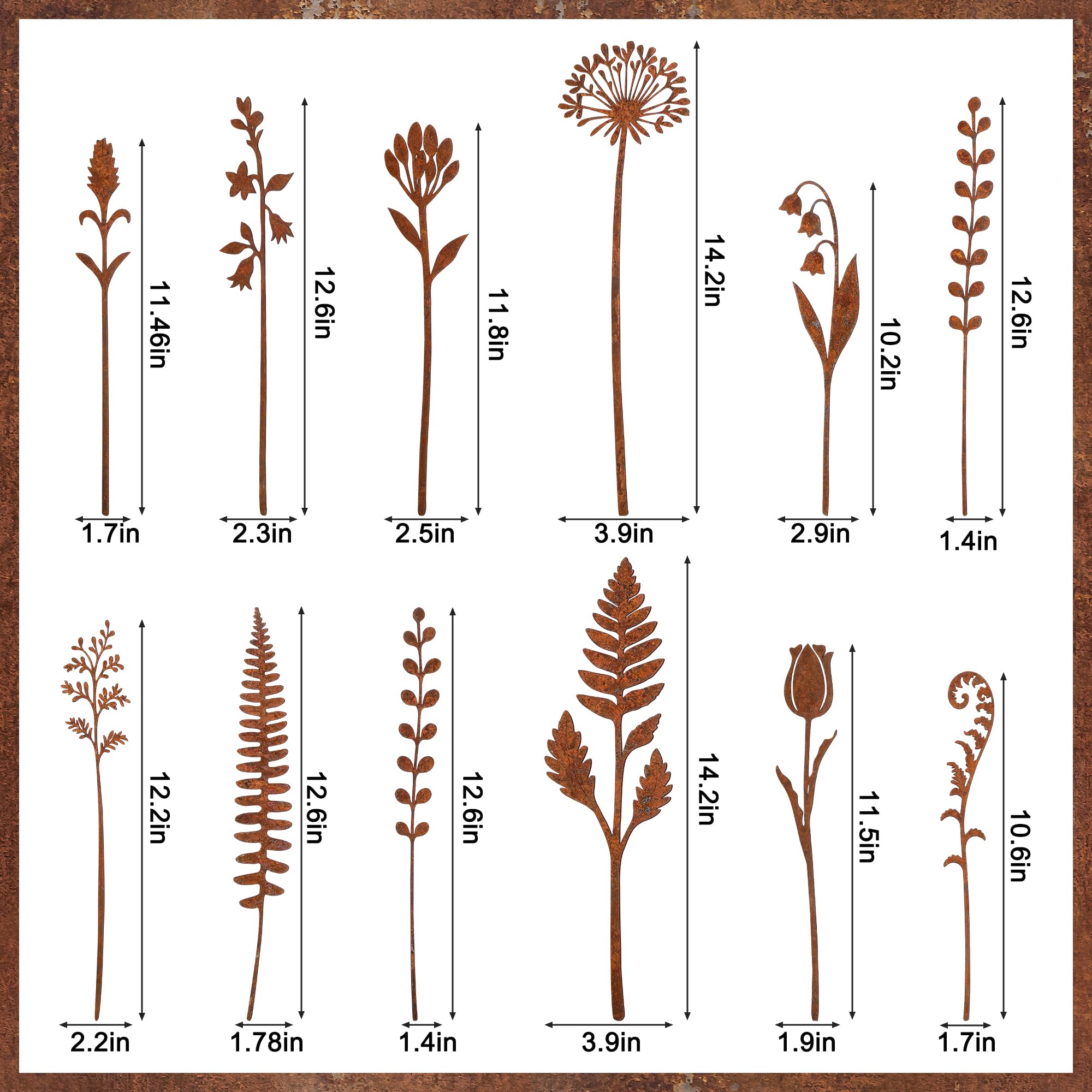 Mizelu rusty metal fern leaf stake enhances potted arrangements with vintage flair