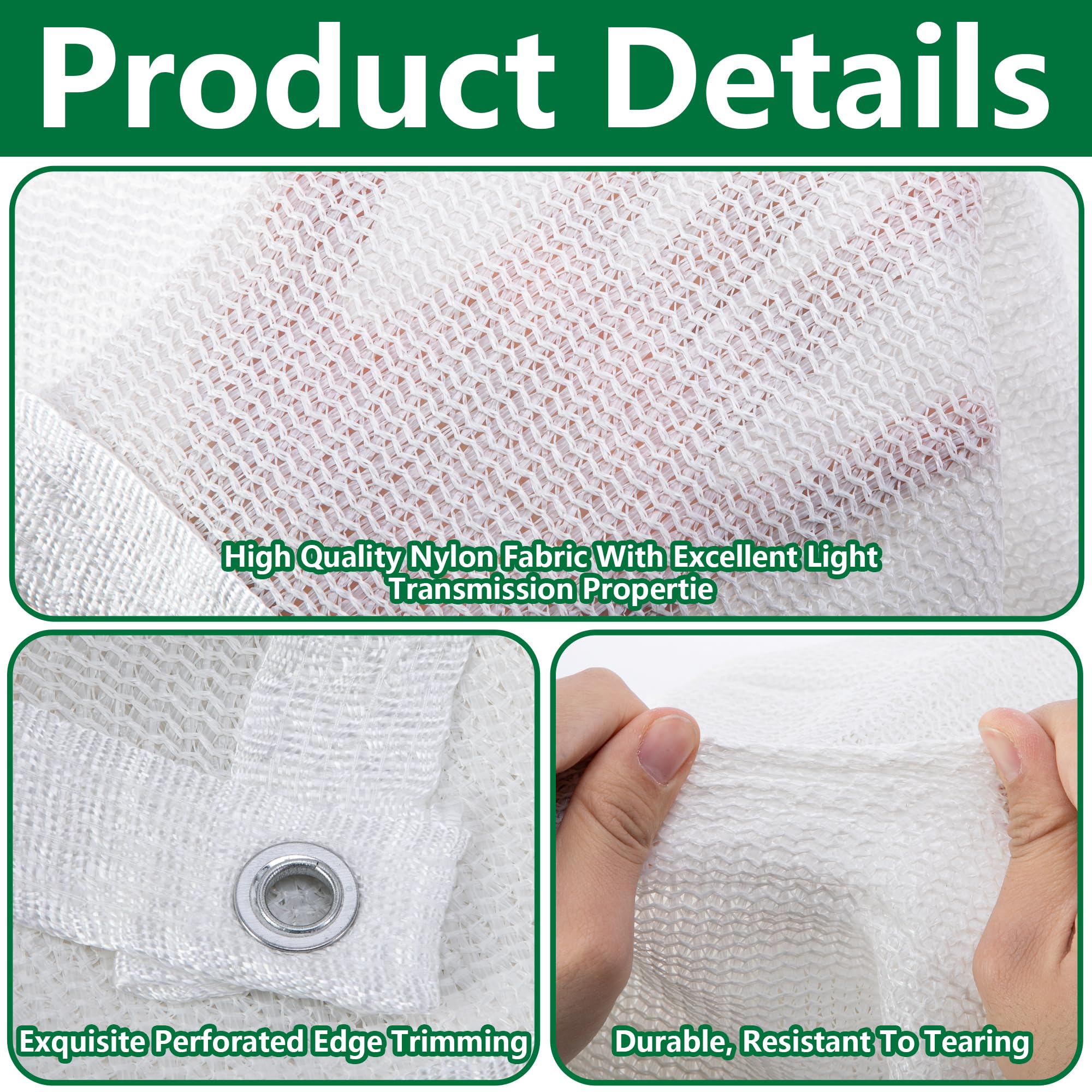 Mizelu shade cloth with reinforced grommets supports easy hanging over plant beds