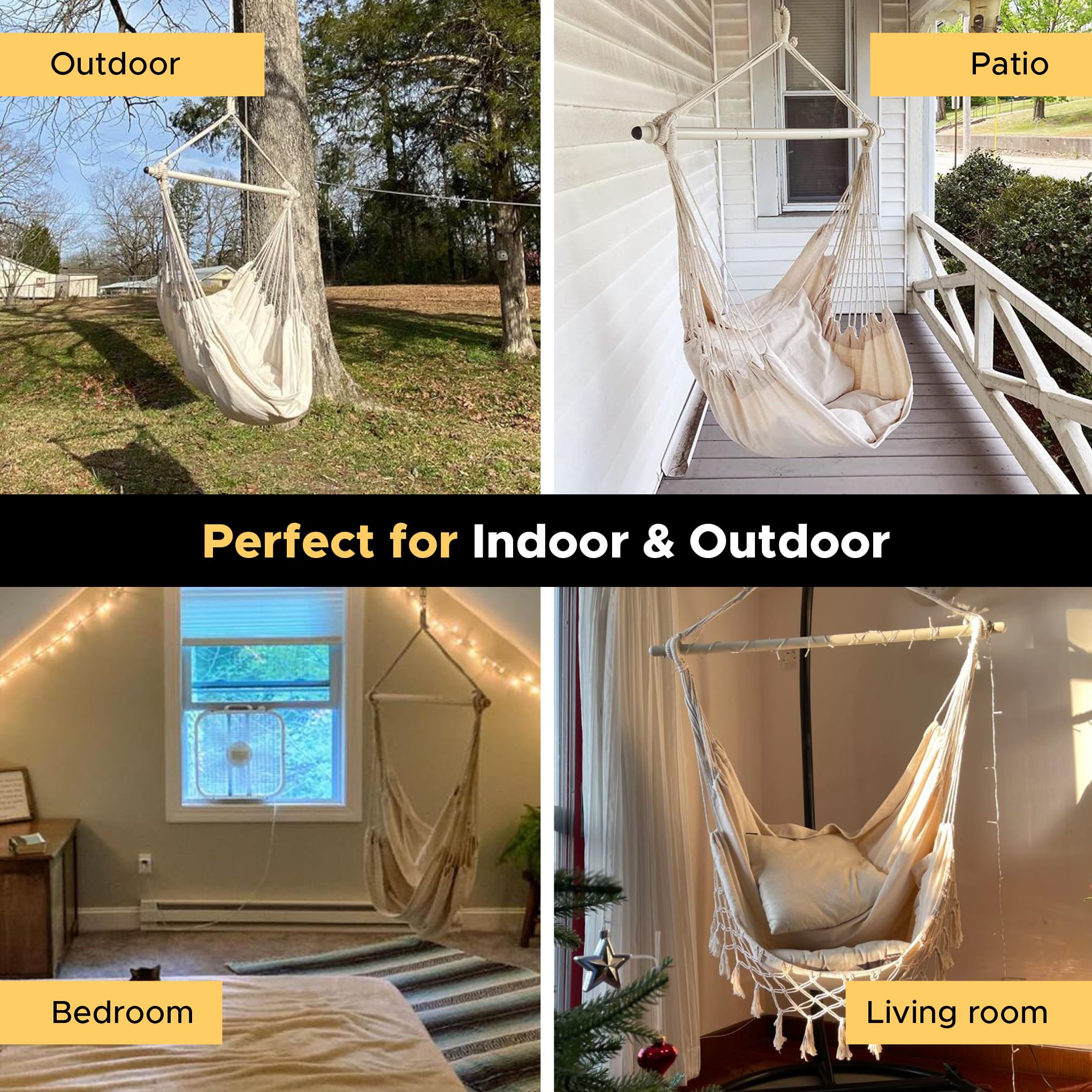 MIZTLI hammock chair measures 51 by 39 inches for ample lounging space.